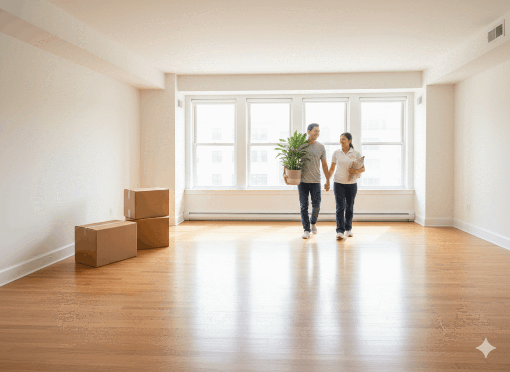 Happy family moving into professionally cleaned new home